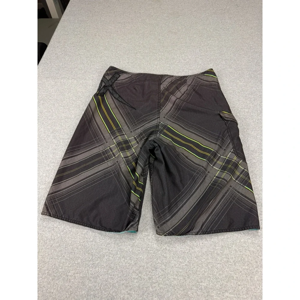 Fox Racing Mens Plaid Board Shorts Size 34 Gray Neon Green Cargo Pocket Swimwear
